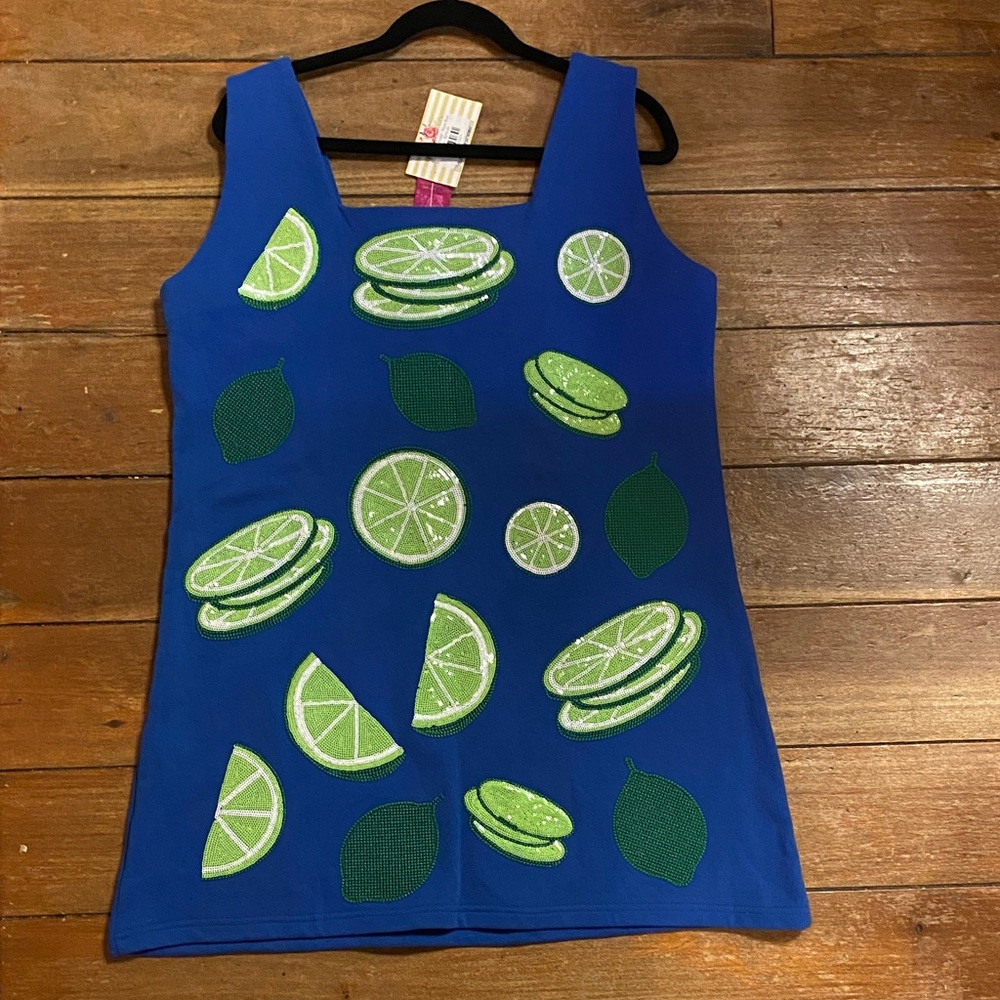 QUEEN OF SPARKLES Blue Tank Top with Lime Appliqué - Picture 2 of 4